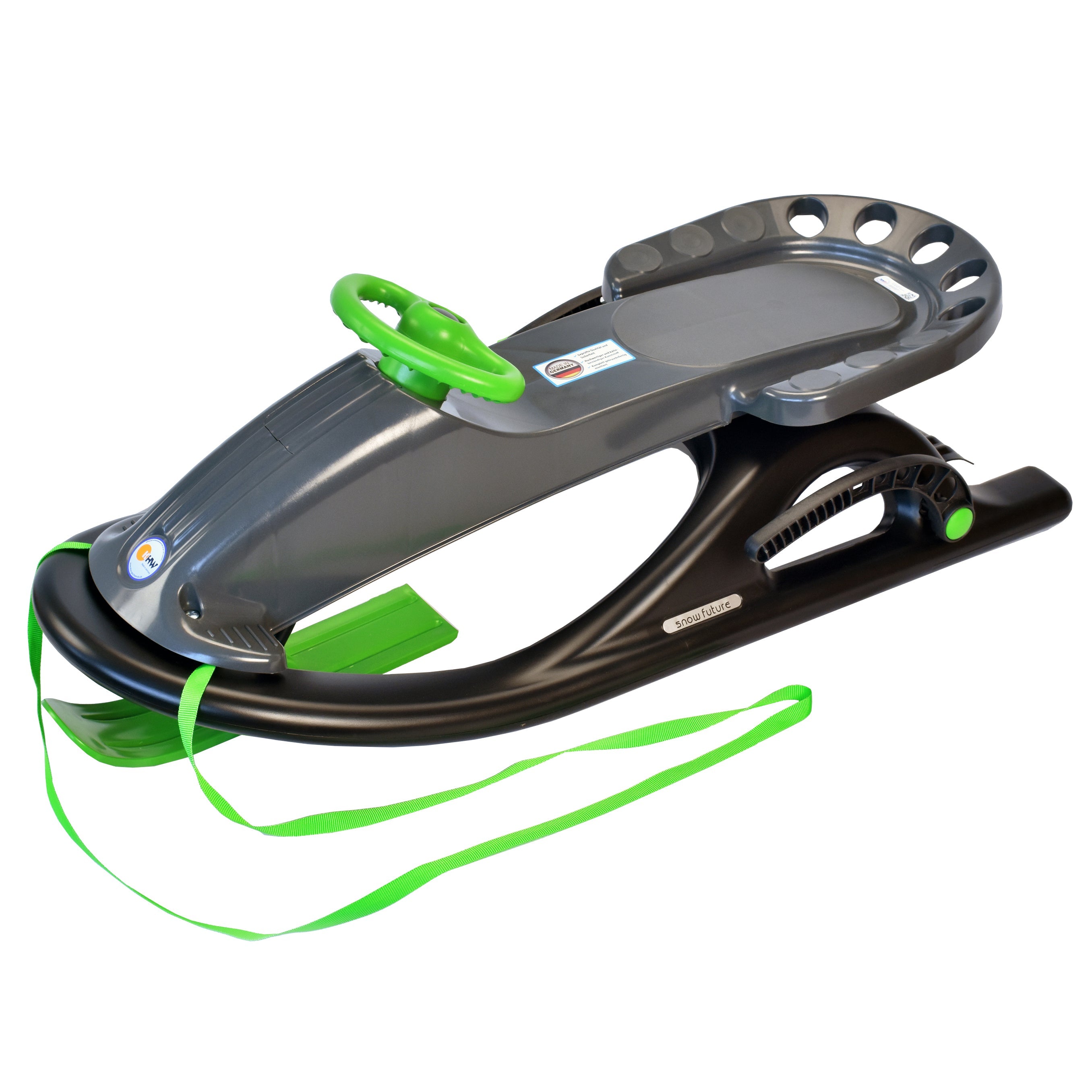 High speed snow sled made in germany with built in steering in anthracite