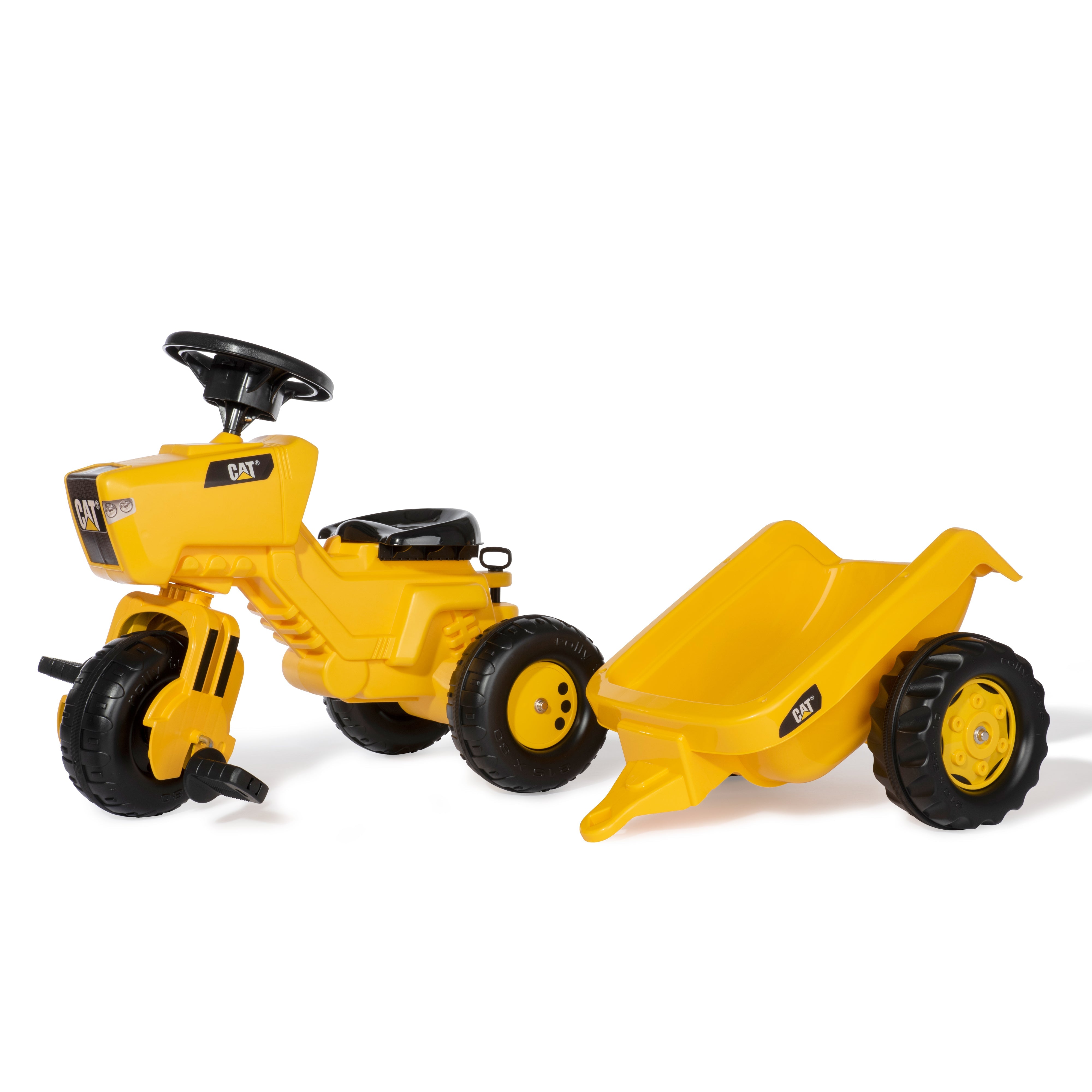 CAT three wheel pedal vehicle with trailer in yellow made in germany