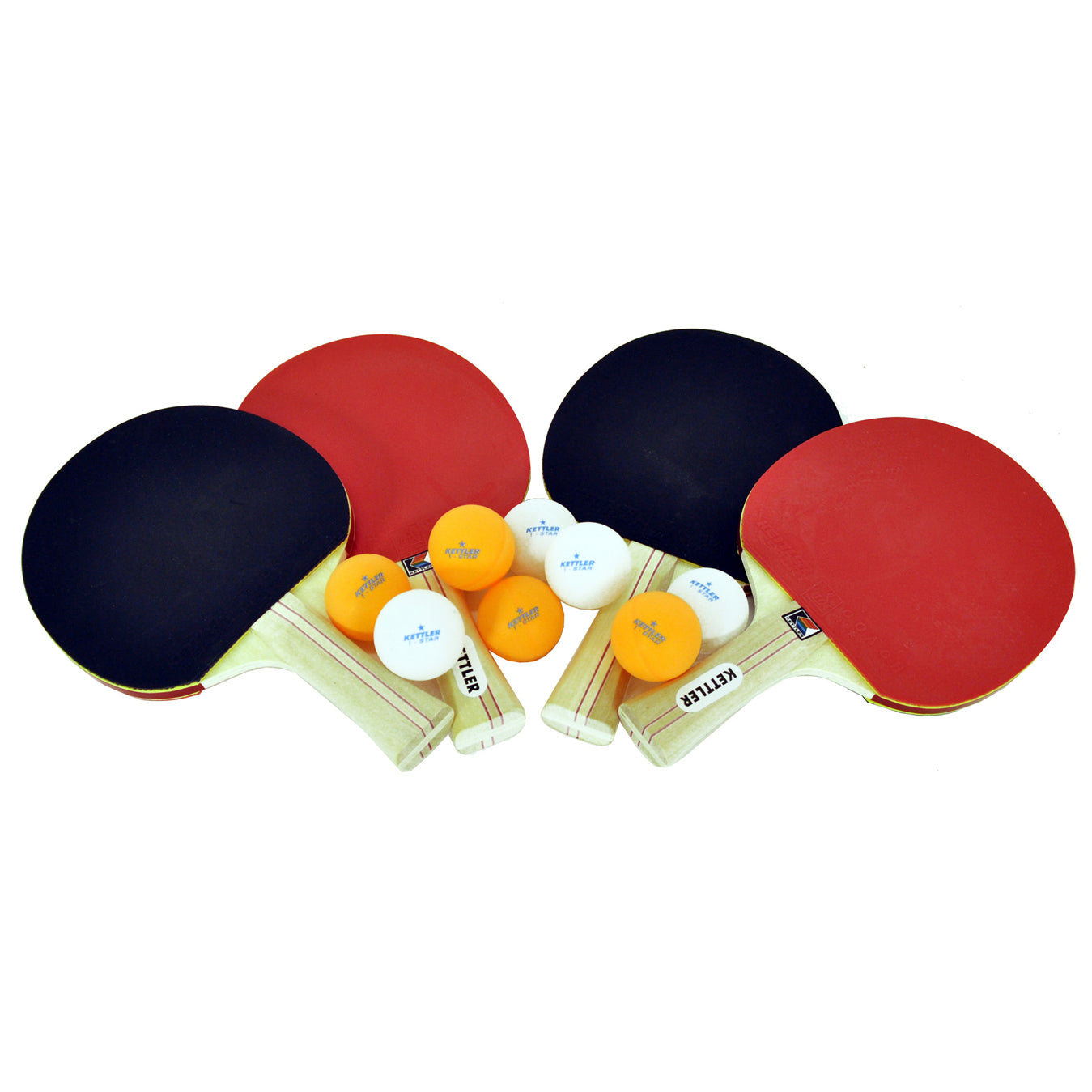four double sided rackets in red and black with 8 table tennis balls