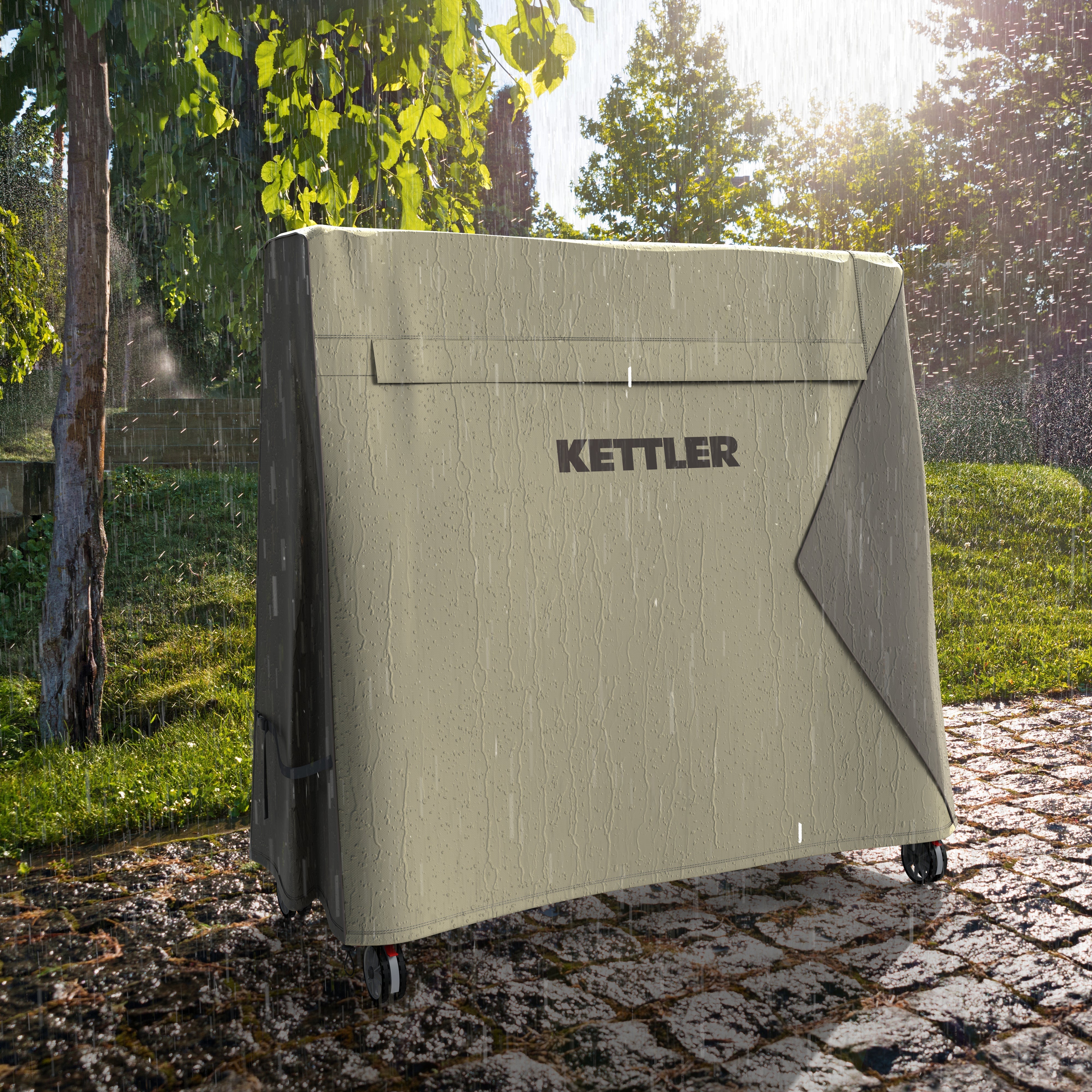 Lifestyle shot of premium KETTLER outdoor table tennis cover in rain