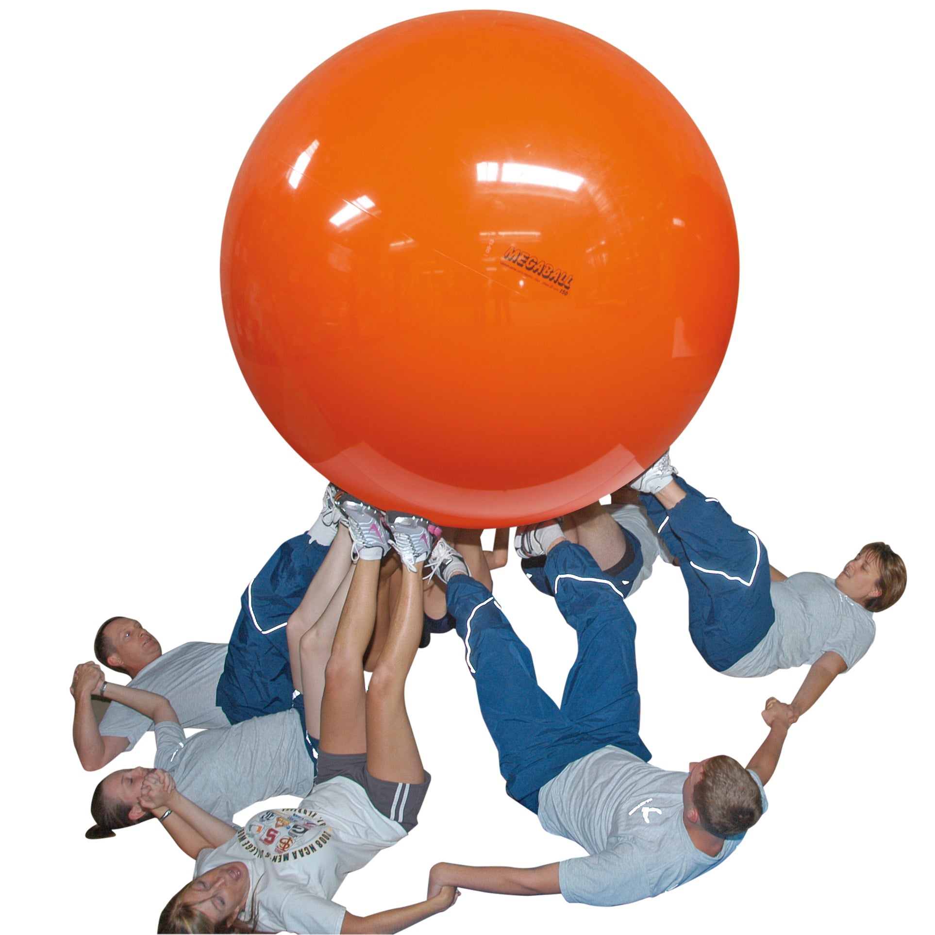 A group of people lifting the orange megaball with their feet