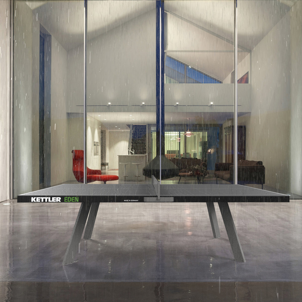 Eden Outdoor table tennis table in the rain. fully stationary and durable for year-round use. Perfect for Parks, Hospitality or home settings